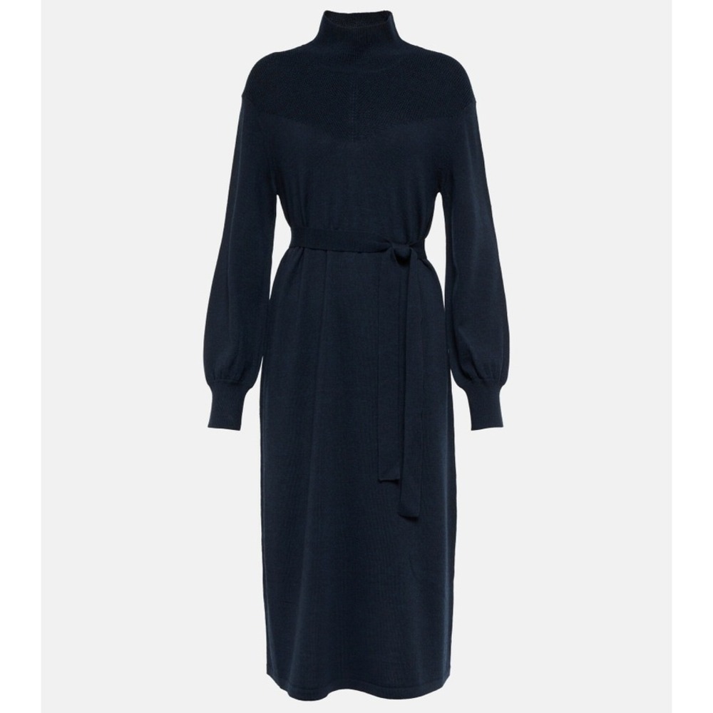 APC Sweater Dress Caitlin XS Navy Blue Virgin Wool Mock Neck Midi Parisian